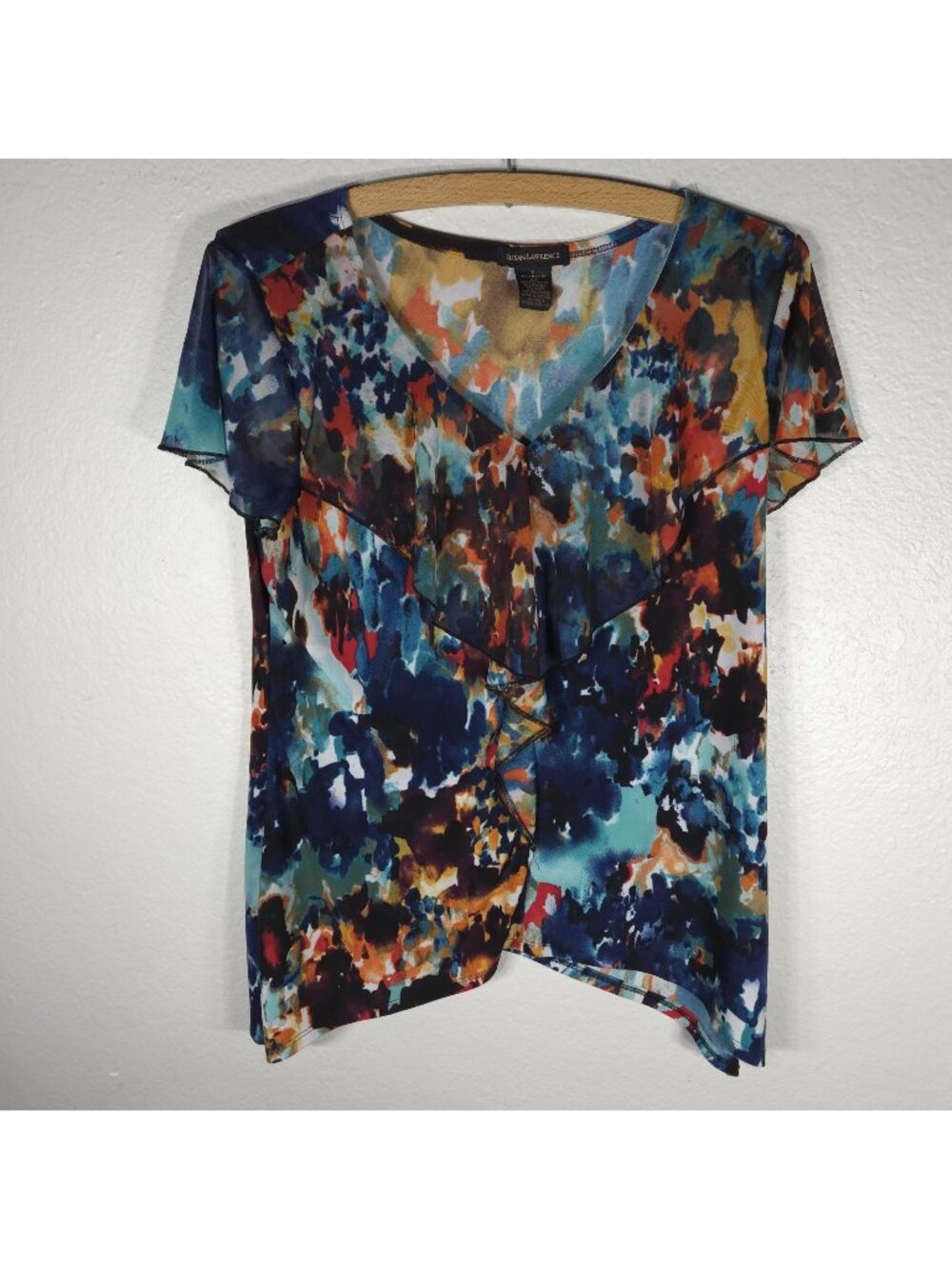 Susan Lawrence Blouse Size S Multicolor Abstract Ruffle Top V-Neck Cap Sleeve